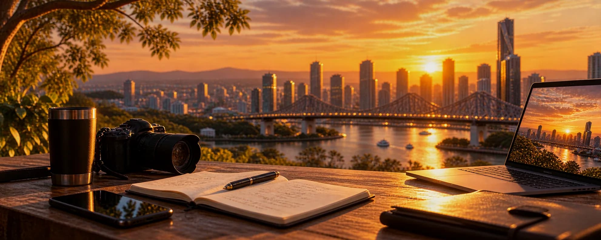 A work desk with an open notebook and laptop overlooking Brisbane's Story Bridge at dusk (illustration)