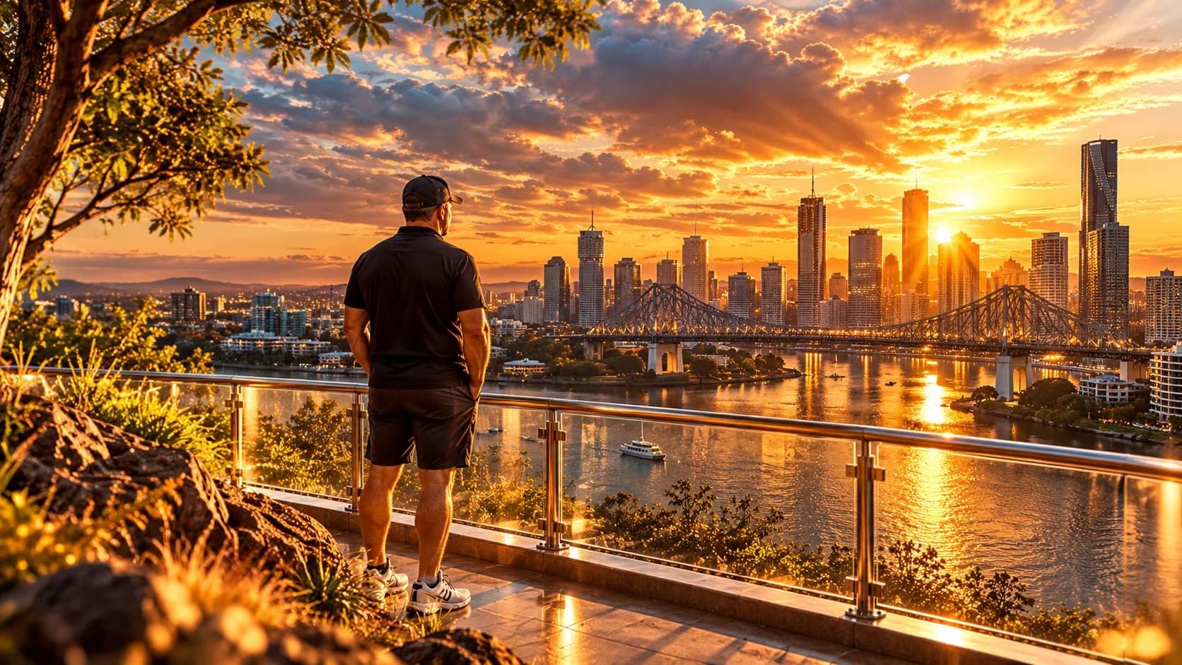 A man seen from behind at a railing, looking out over the Brisbane city skyline (illustration)