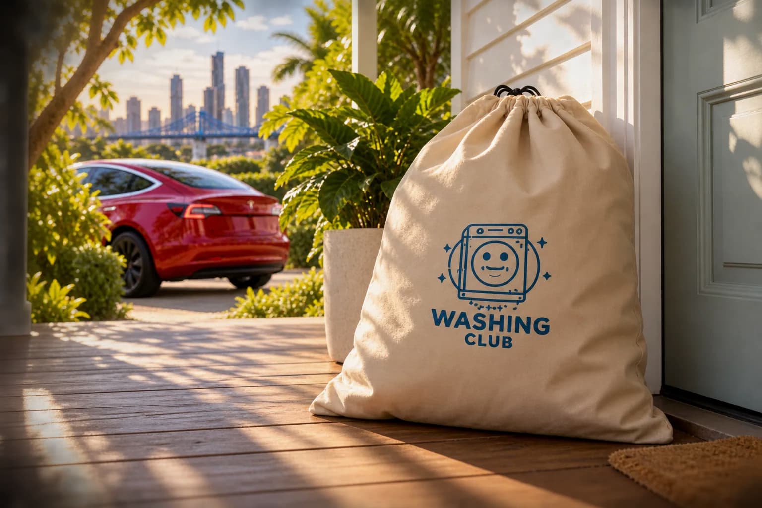 A beige Washing Club laundry bag waiting at a front door, with a red car in the driveway (illustration)