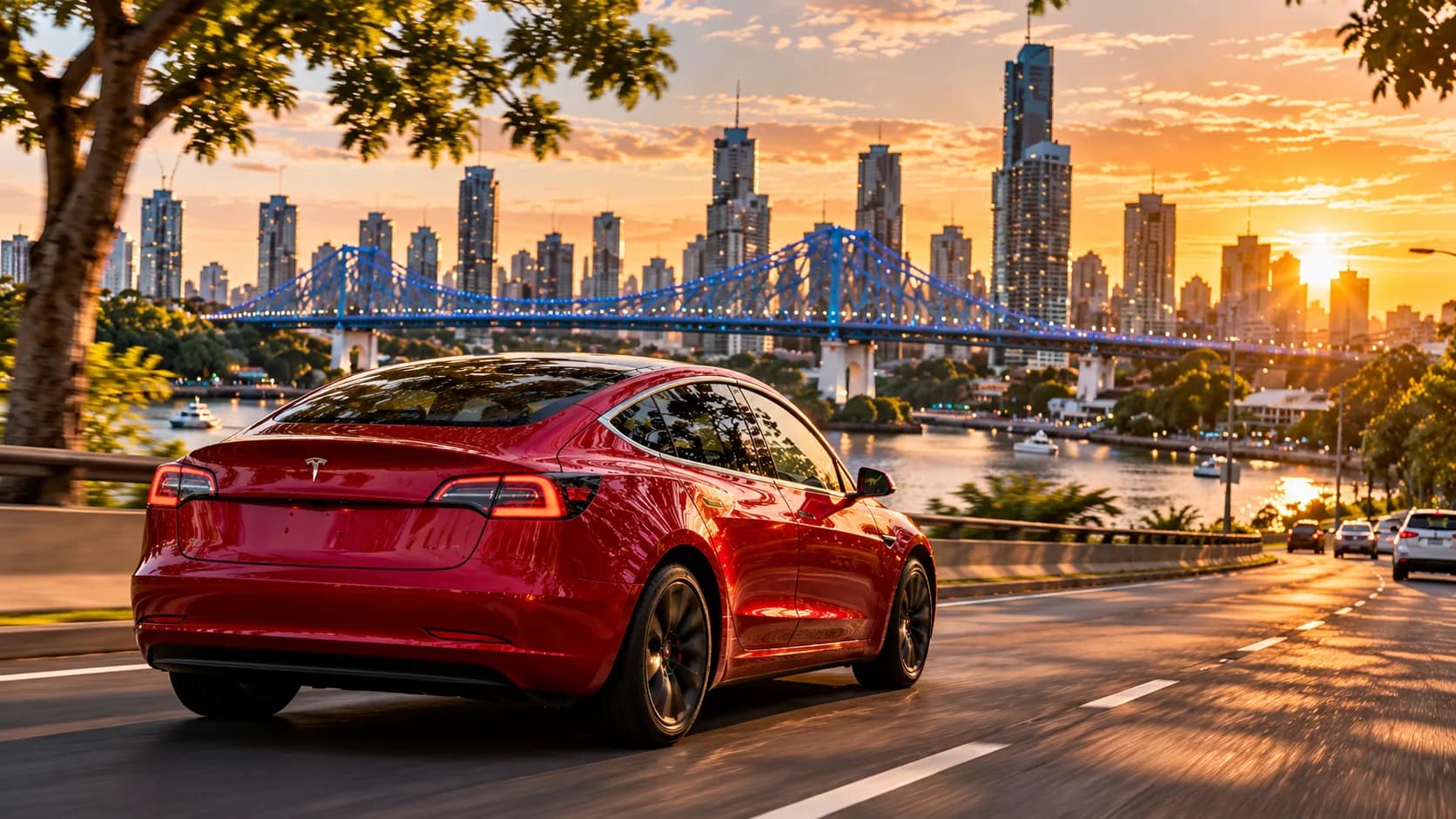A red Tesla Model 3 driving along the river near Brisbane's Story Bridge (illustration)